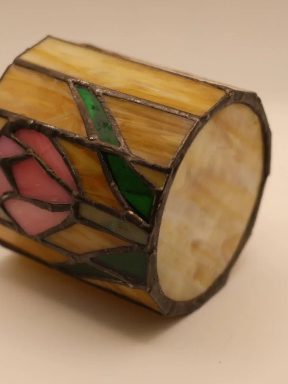 Vintage stained glass votive candle holder pink tulip design, art nouveau, textu